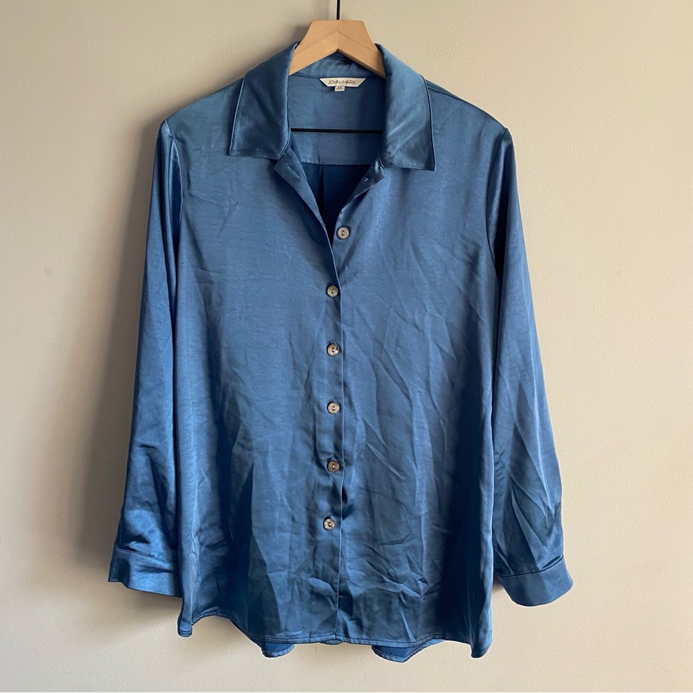 John Mark Peacock Blue Button Up Sateen Long Sleeve Tunic NWT Medium